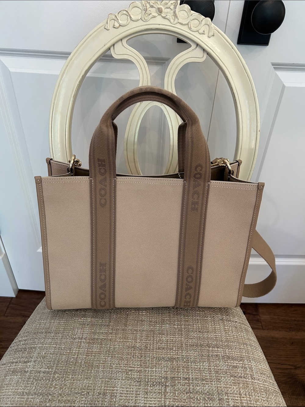 Coach Tote in Taupe Canvas with Branded Straps